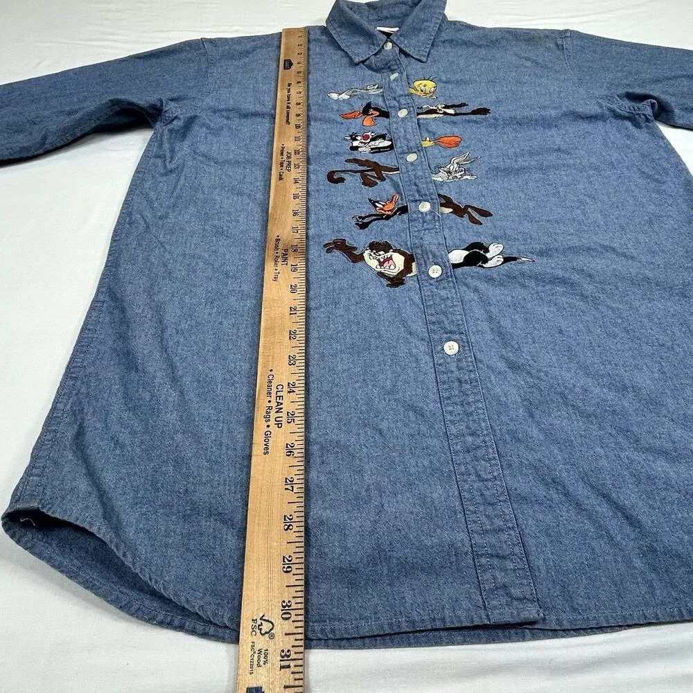 Warner Bros. Studio Store Looney Tunes Cotton Chambray Blue Shirt Embroidered - Picture 12 of 16